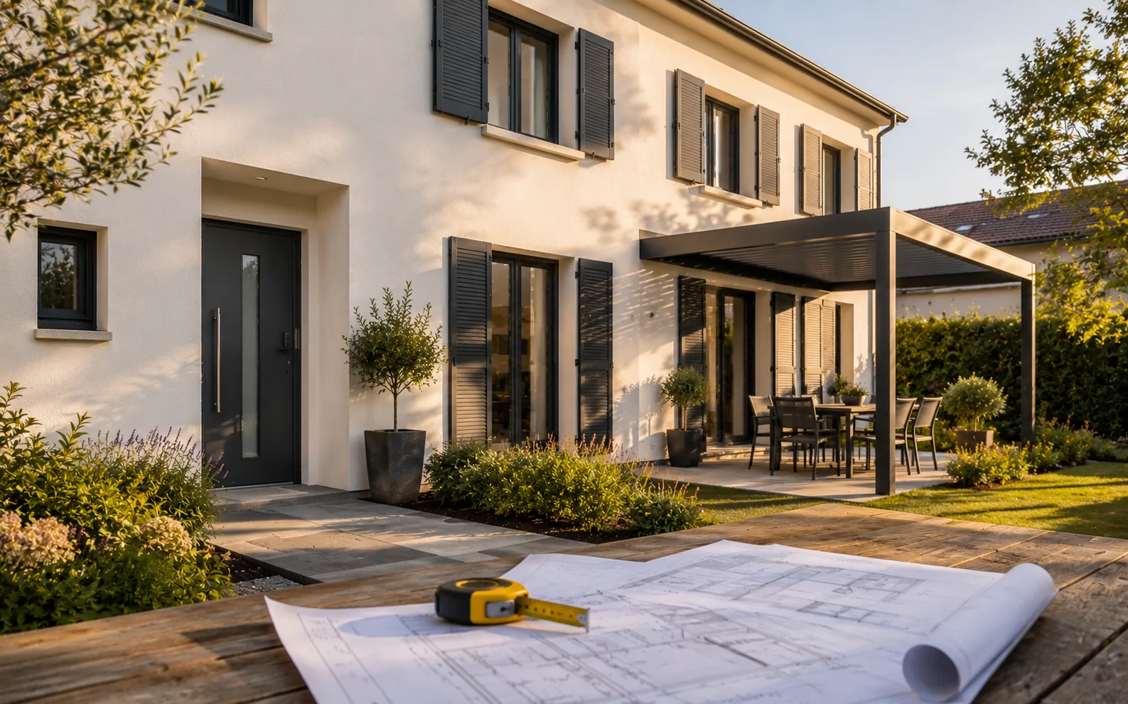 Maison avec fenêtres, volets, porte et pergola devant un plan de travaux