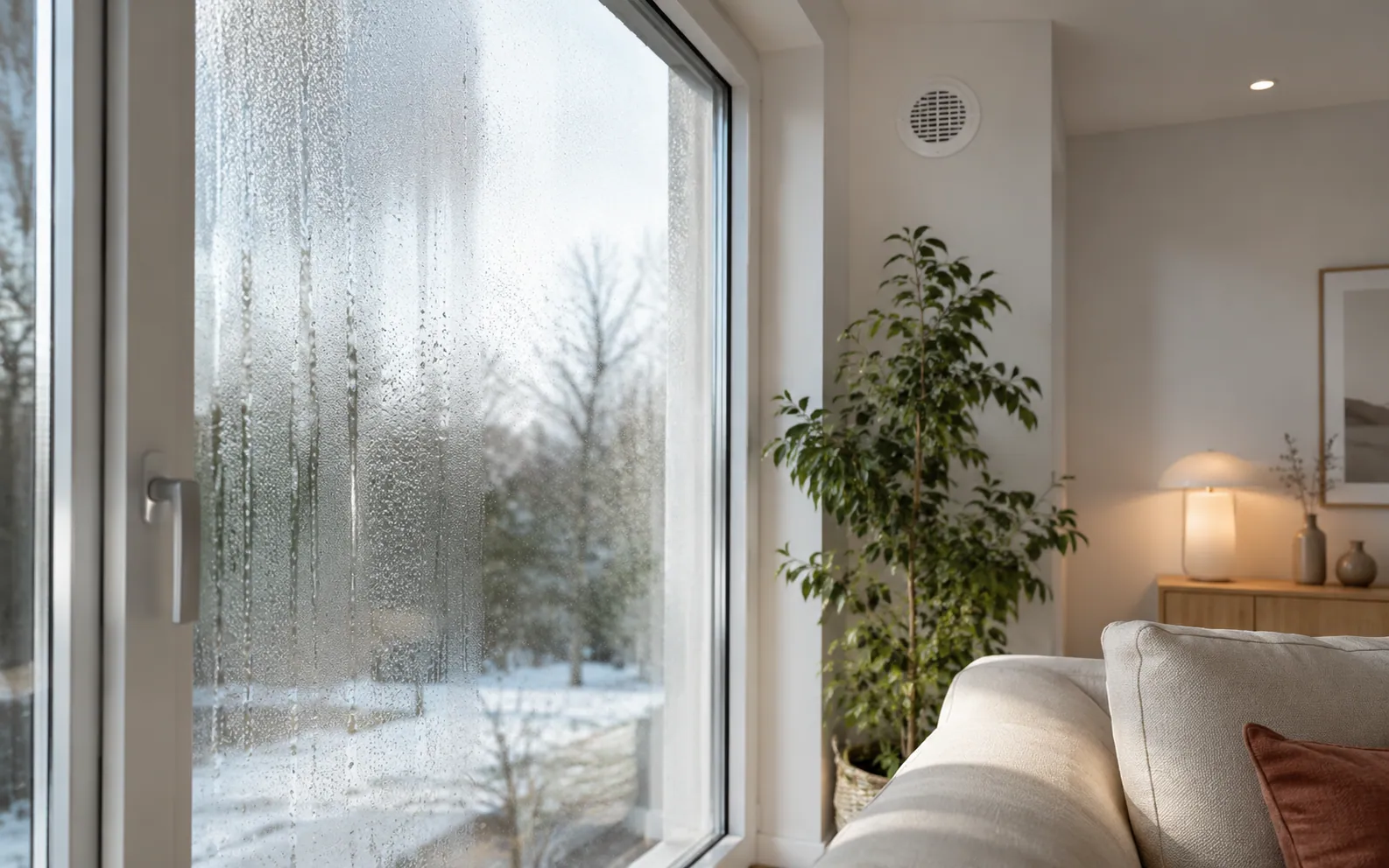 Condensation sur une fenêtre récente dans un salon ventilé
