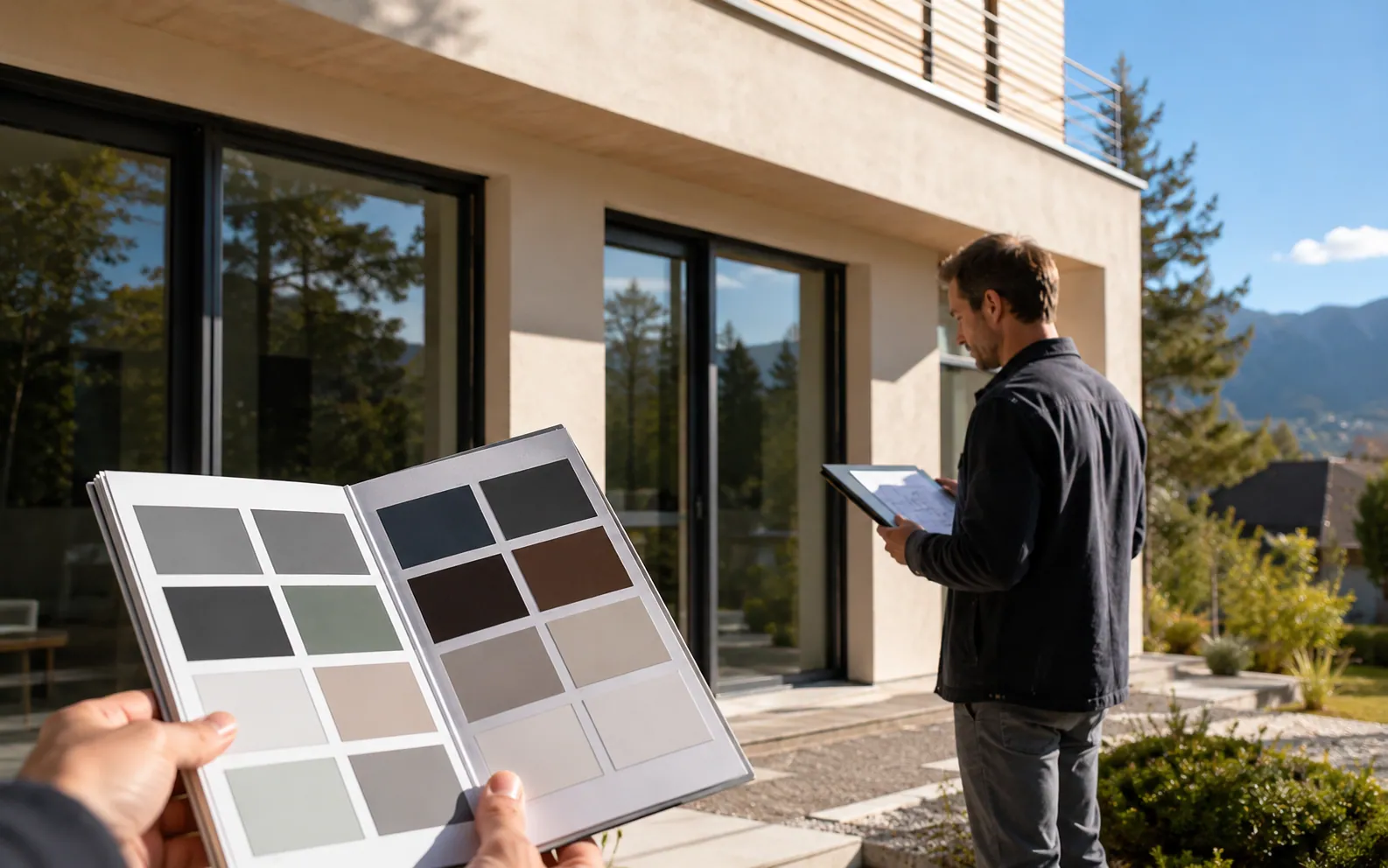 Nuancier de couleurs devant une façade avec menuiseries anthracite