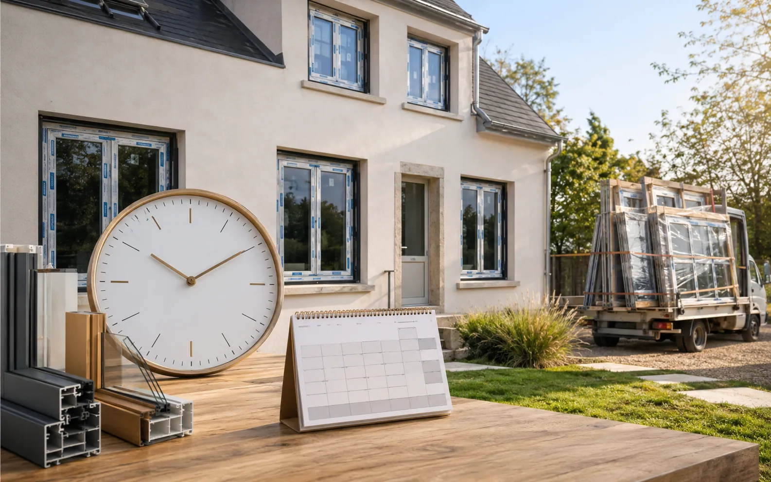 Planning de chantier avec fenêtres prêtes à poser devant une maison