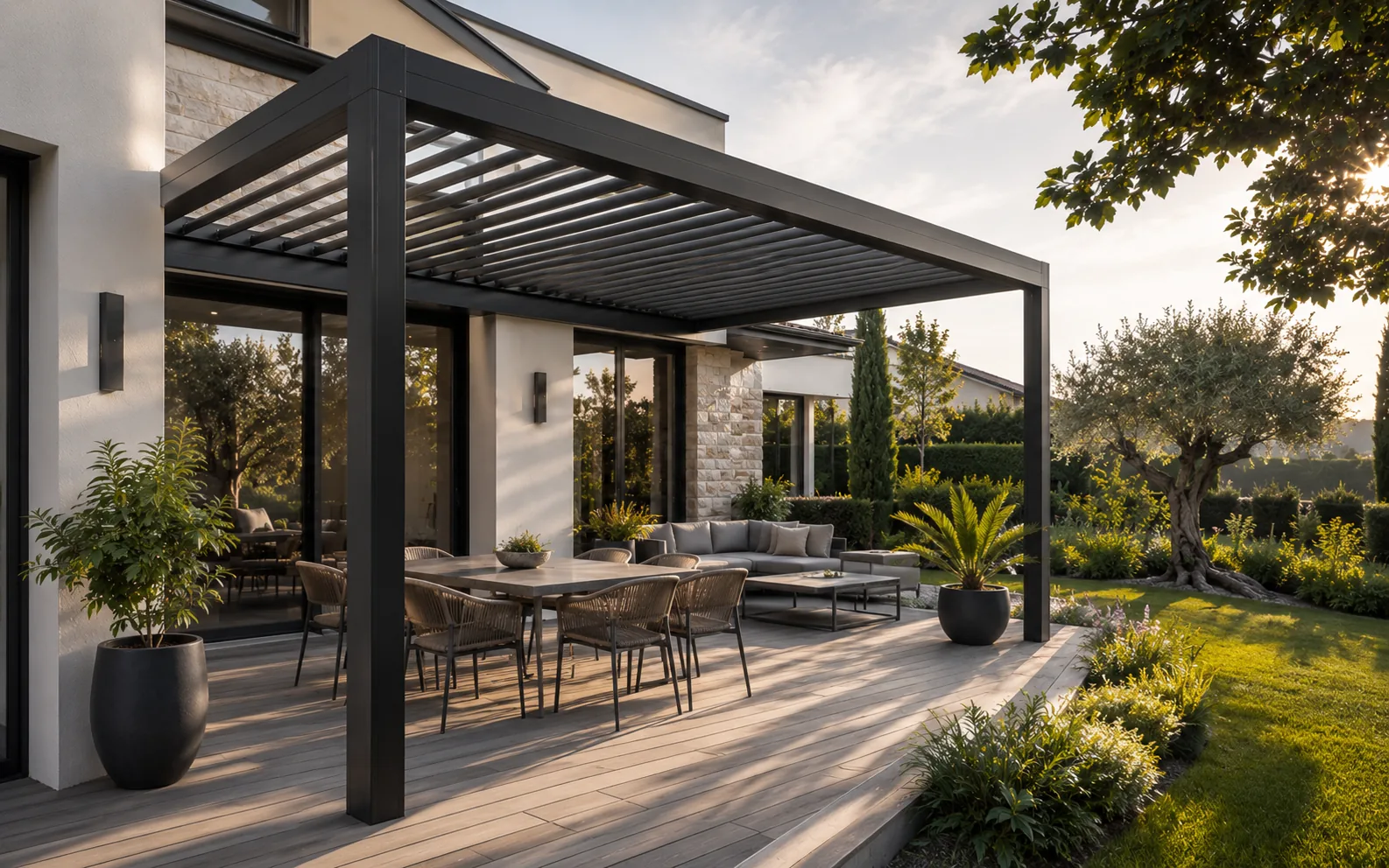Pergola bioclimatique anthracite avec lames orientables sur terrasse
