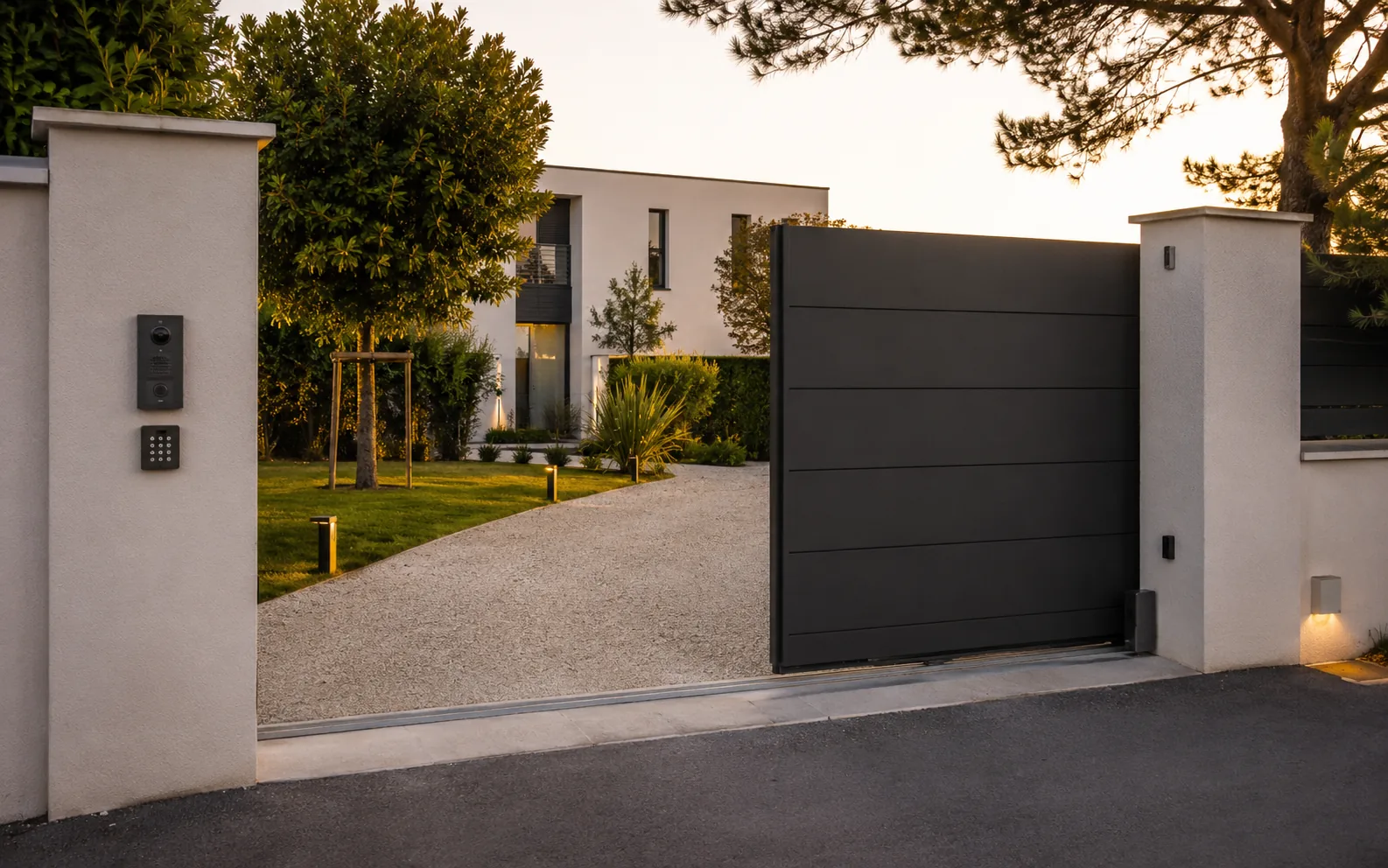 Portail motorisé avec visiophone et digicode à l’entrée d’une maison