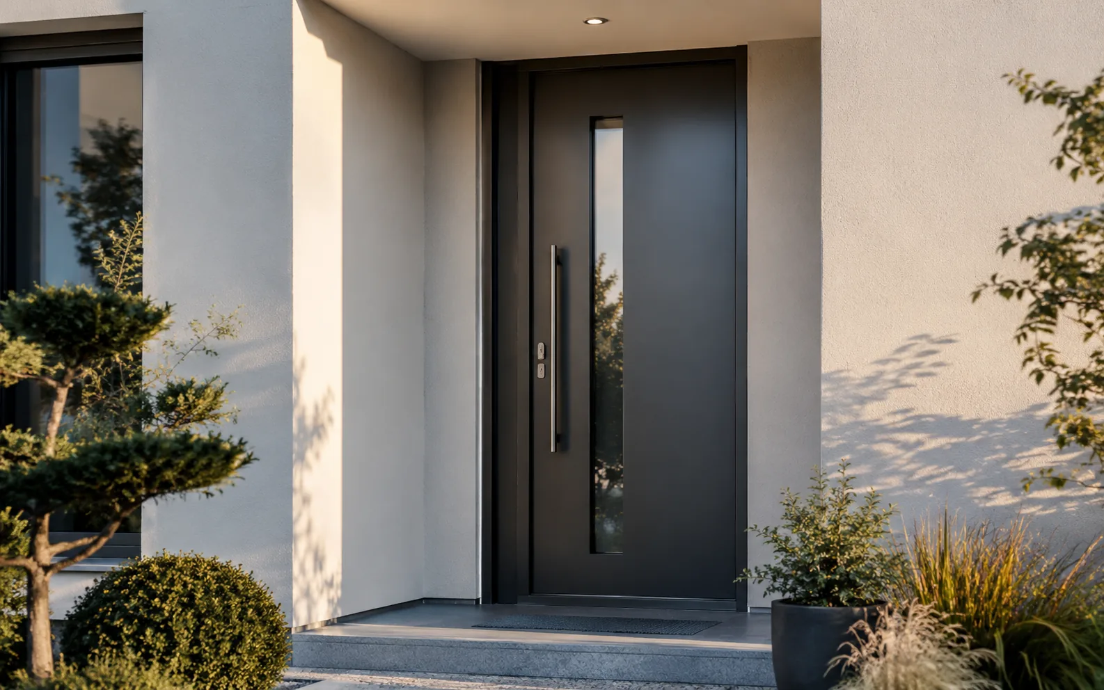 Porte d’entrée aluminium anthracite avec vitrage vertical sur façade contemporaine