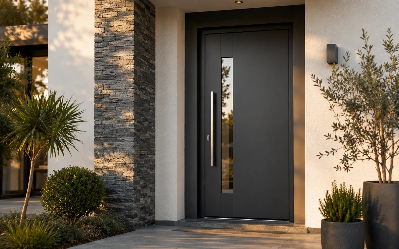 Porte d’entrée sécurisée anthracite avec vitrage latéral et serrure renforcée