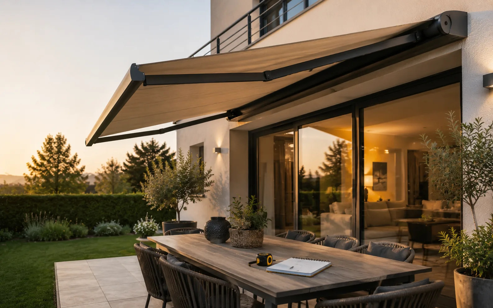 Store banne ouvert au-dessus d’une terrasse avec carnet de devis