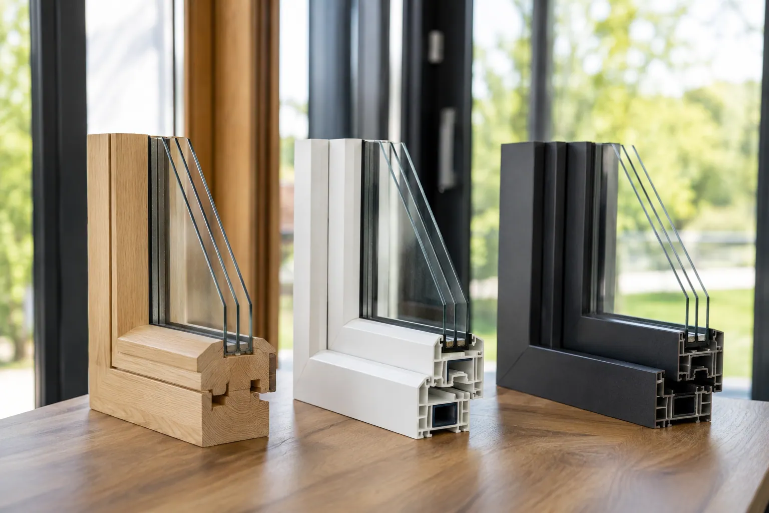 Échantillons de menuiseries PVC, aluminium, bois et mixte