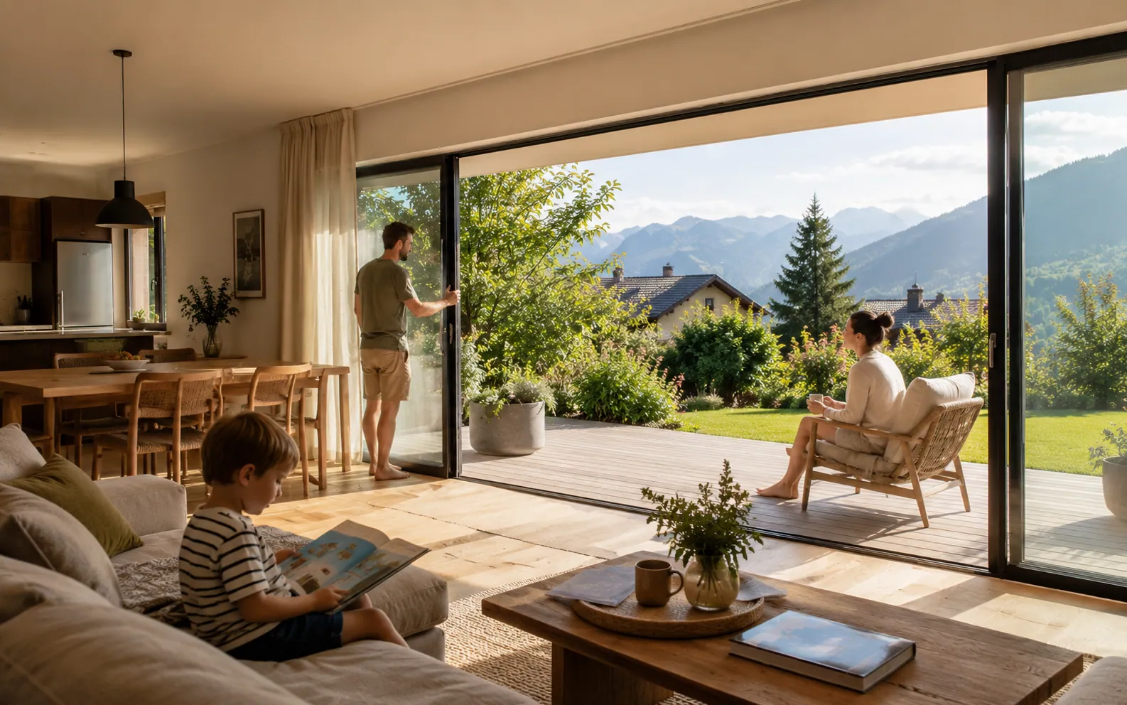 Salon lumineux ouvert sur une terrasse avec vue montagne