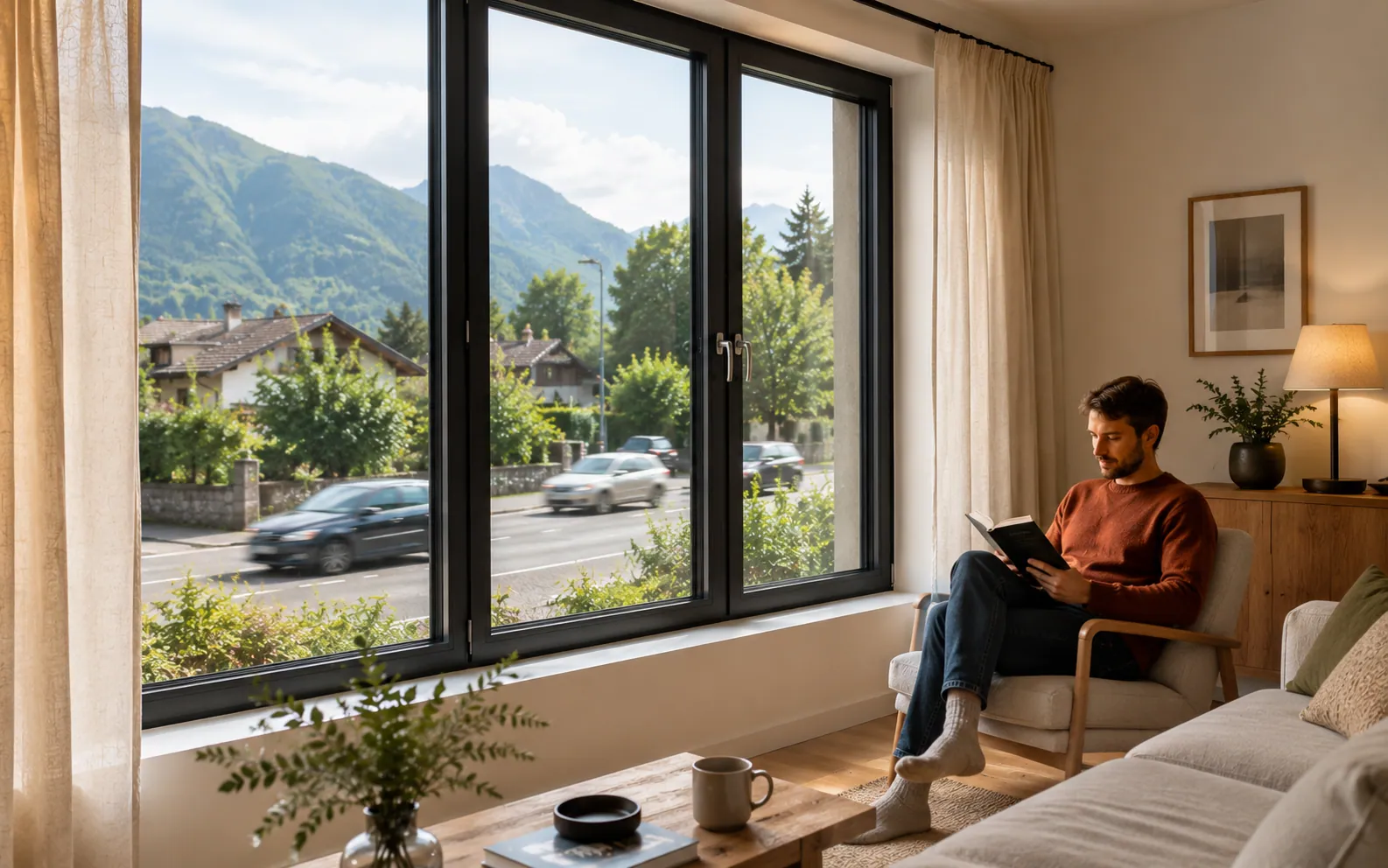 Salon calme avec fenêtres donnant sur une route de montagne