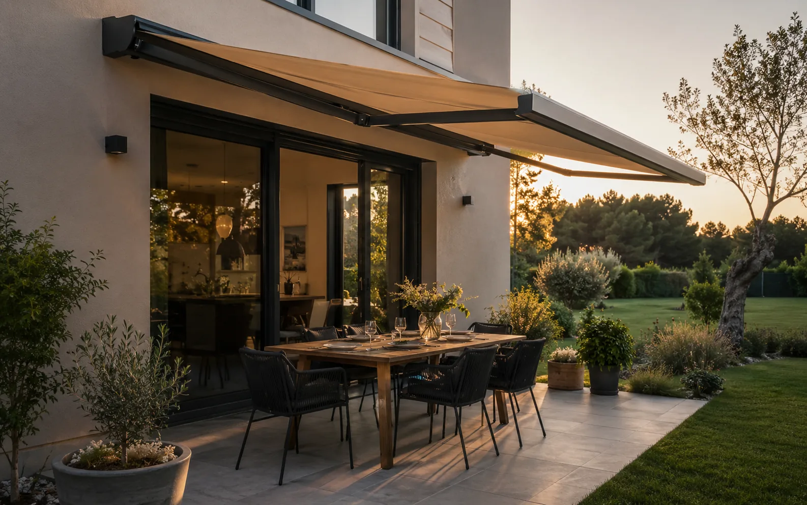 Store banne coffre intégral protégeant une grande terrasse
