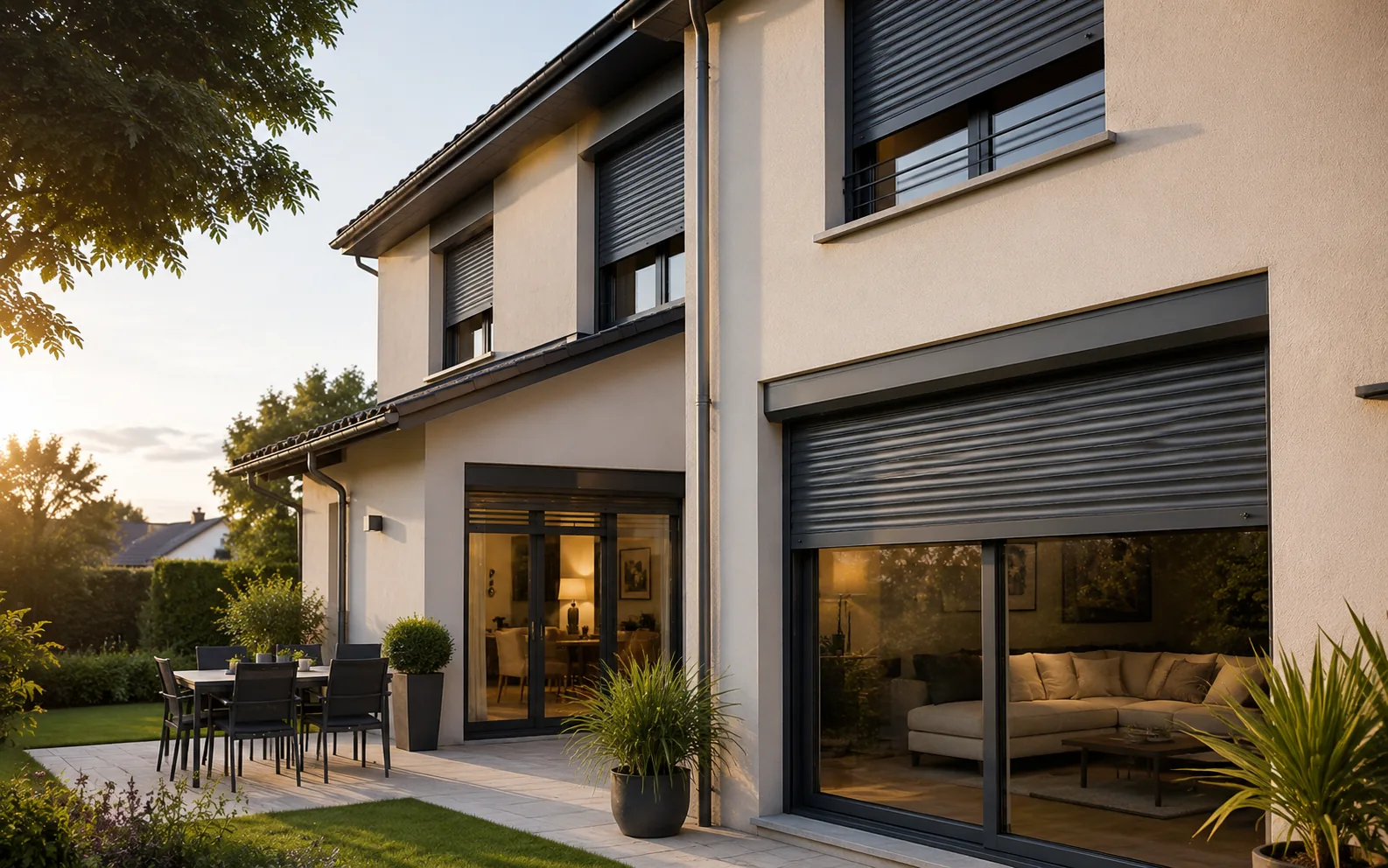 Maison équipée de volets roulants motorisés anthracite